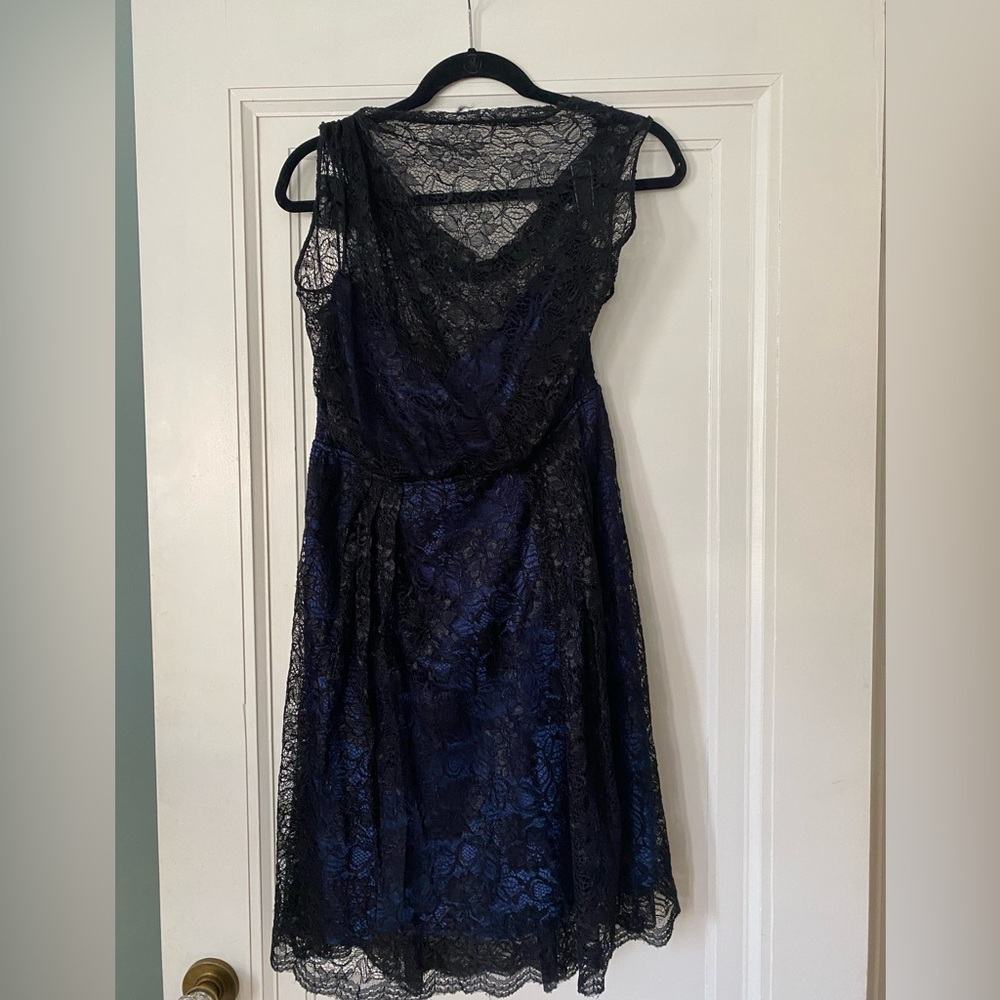 NWT Sophie theallet brand black lace dress with blue attached slip.